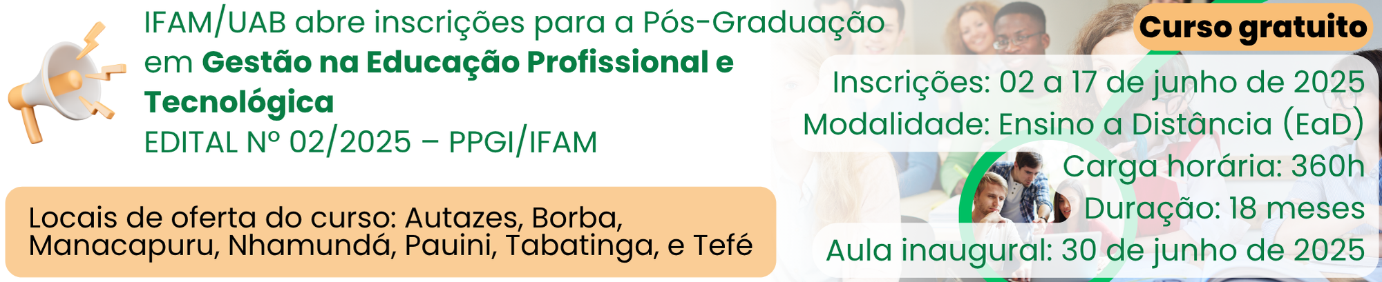 IFAM/UAB abre inscrições para Pós-Graduação gratuita em Gestão na Educação Profissional e Tecnológica