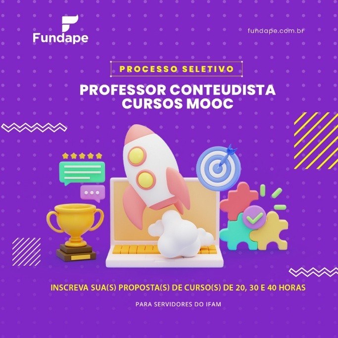 O processo seletivo simplificado destina-se ao preenchimento de vagas para a função de PROFESSOR CONTEUDISTA com atuação exclusiva no Projeto de Construção de Cursos MOOC no âmbito do IFRR e do IFAM. 